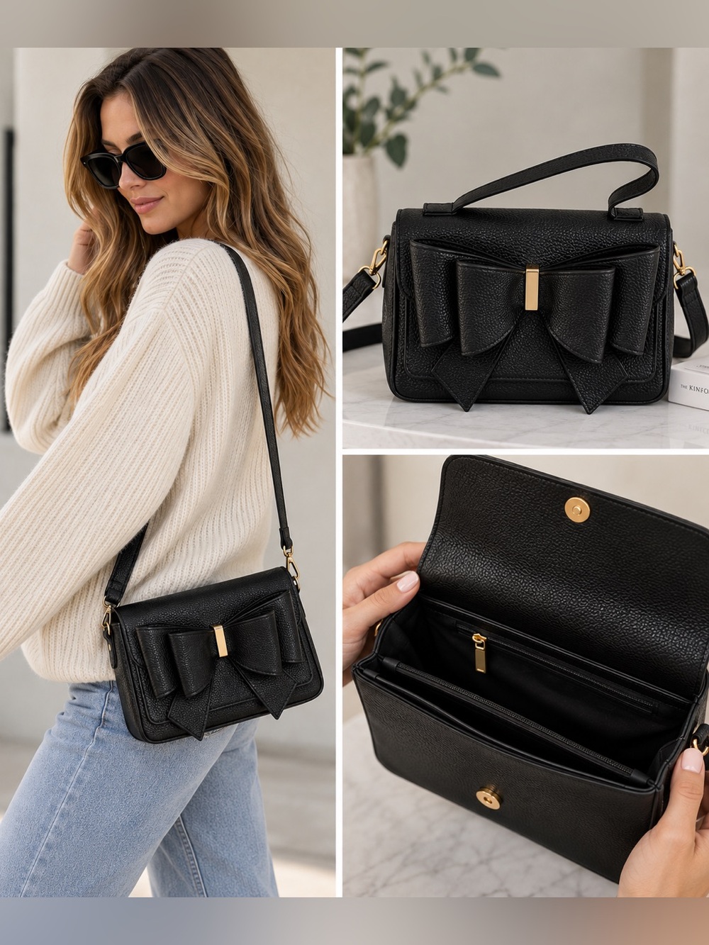 Crossi Black Pebbled Faux Leather Big Bow Crossbody Satchel Bag NWOT